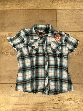 Vintage Harley-Davidson Spell Out Embroidered Plaid Womens Pearl Snap SZ Medium